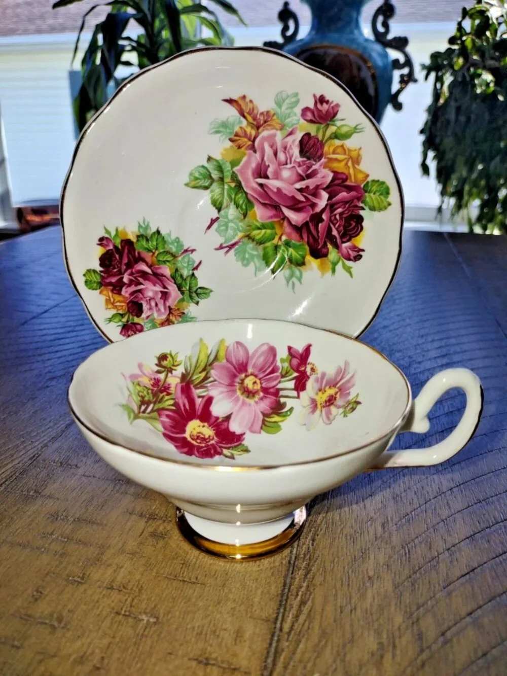 Vintage Crownford Teacup & Saucer Pink-Yellow Flowers + Gilt Scalloped Edges